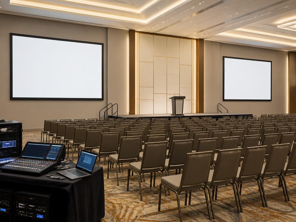 Conference stage with projector screens on two sides and a tech table in the foreground