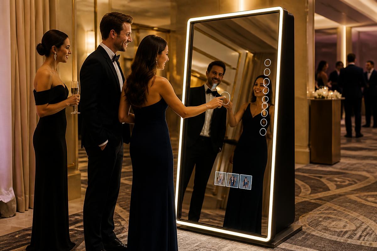 Mirror photobooth with guests interacting with the touchscreen