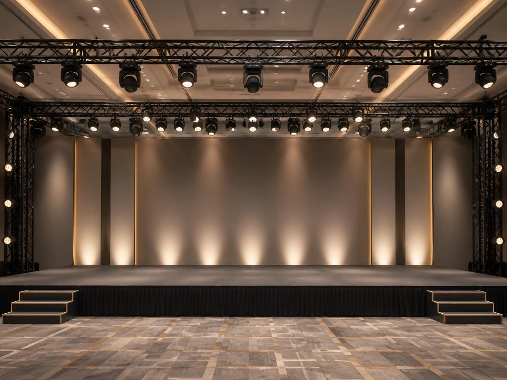 Empty stage with full warm stage lighting and truss fixtures