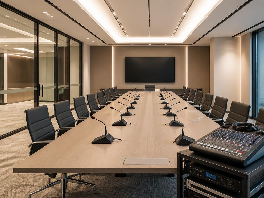 Bosch CCS 1000D discussion microphones set up in a venue boardroom with tech table to the side