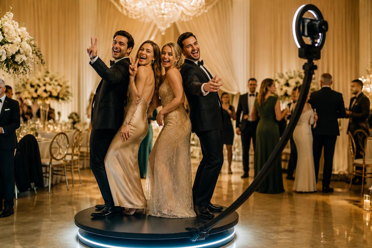 360 video booth with guests enjoying the spinning camera experience