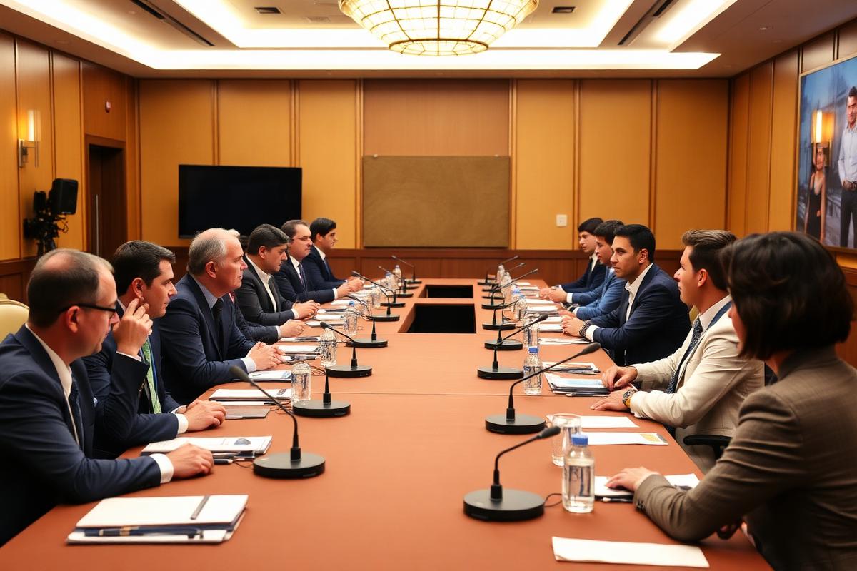Boardroom meeting at a venue with discussion microphones at every seat