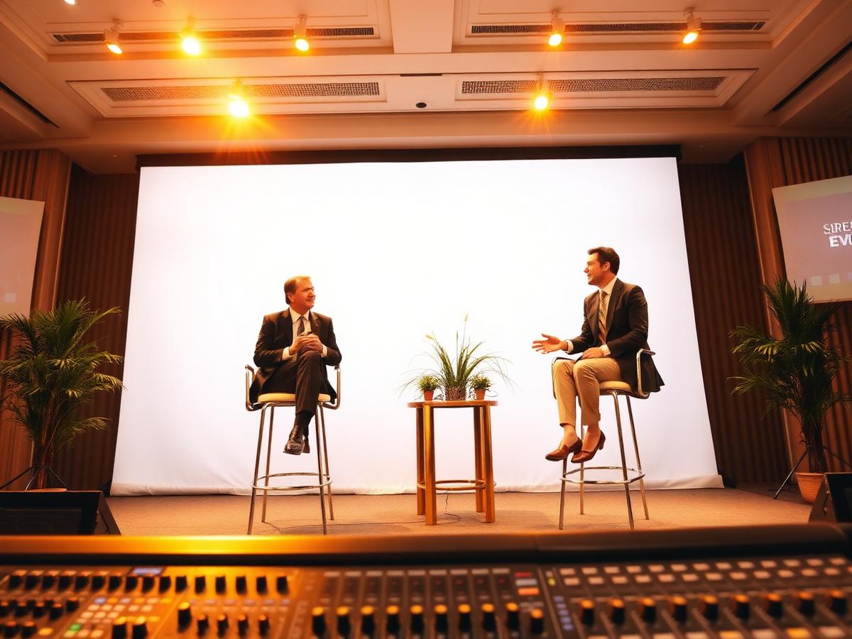 Two corporate speakers seated on stage stools with an AV mixing console in the foreground